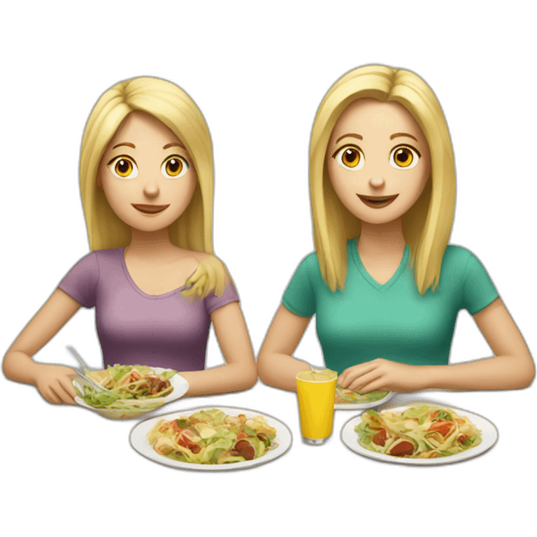 Two white girl with blonde hair eat lunch on the table emoji