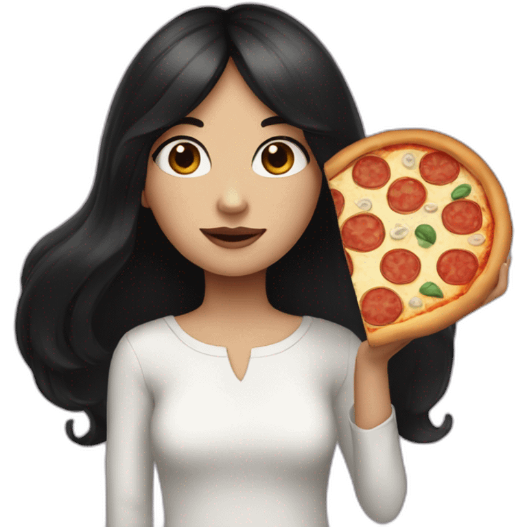 A girl with black hair and white skin yet a pizza in her hands emoji