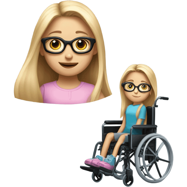 9 year old girl with light pink glasses and long blonde hair in black wheelchair  emoji