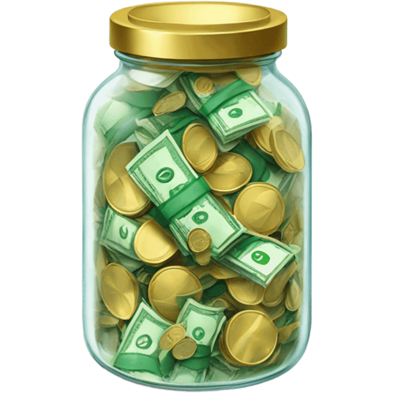  A transparent jar filled with green banknotes and gold coins, floating against a dark background. The jar has a lid, with the contents clearly visible inside. emoji style  emoji