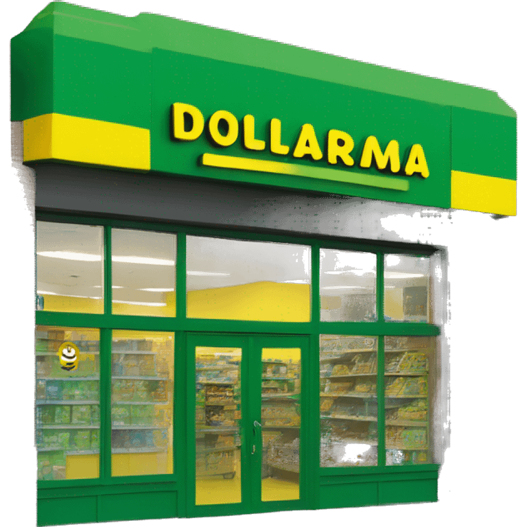 “Exterior of a Dollarama store with the bright green facade, bold yellow Dollarama sign, large front windows, and entrance doors, capturing the look of a budget-friendly retail store.” emoji