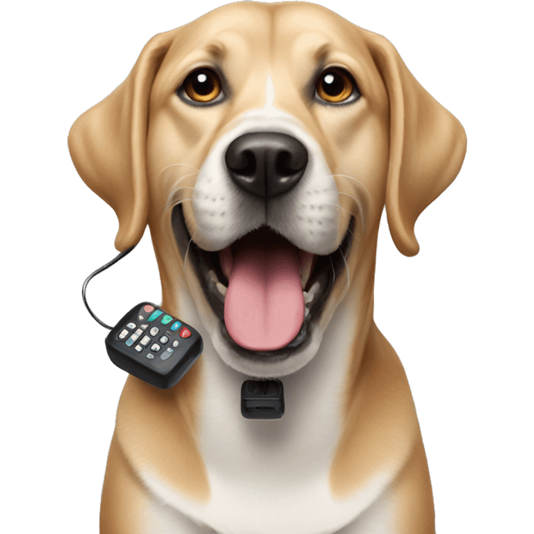 A dog with a black remote control in his teeth  emoji