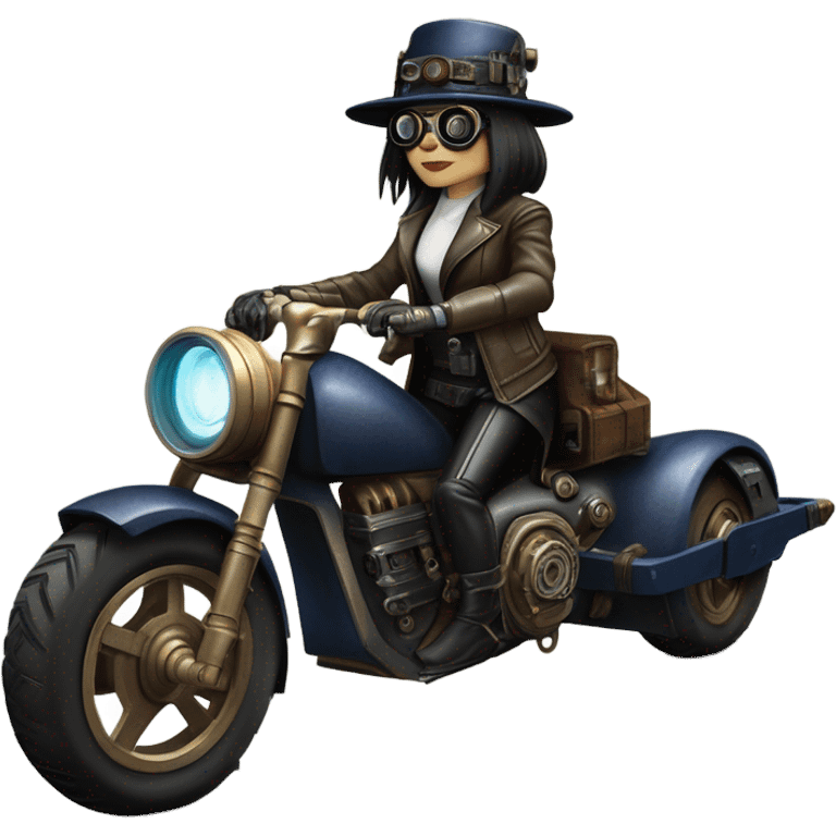 Bounty hunter Wednesday Addams Jedi wearing a pair of navy-blue rimmed steampunk goggles, hat, leather chaps, fringe jacket riding a relaxed distressed 1932 sci-fi 3 wheeled steampunk electric motorcycle with large fenders and saddlebags in desert town  emoji