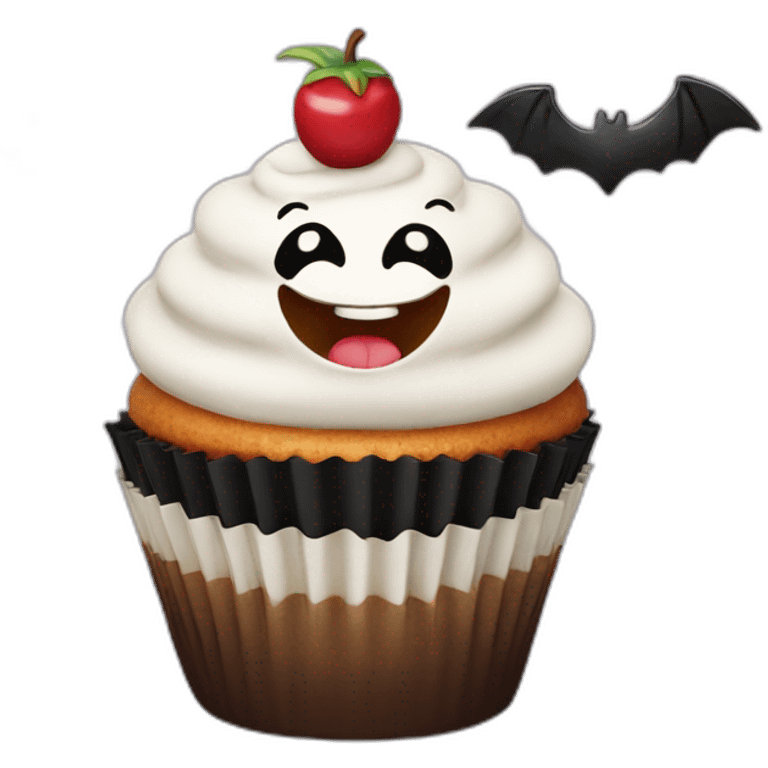 Happy cupcake with black bats emoji