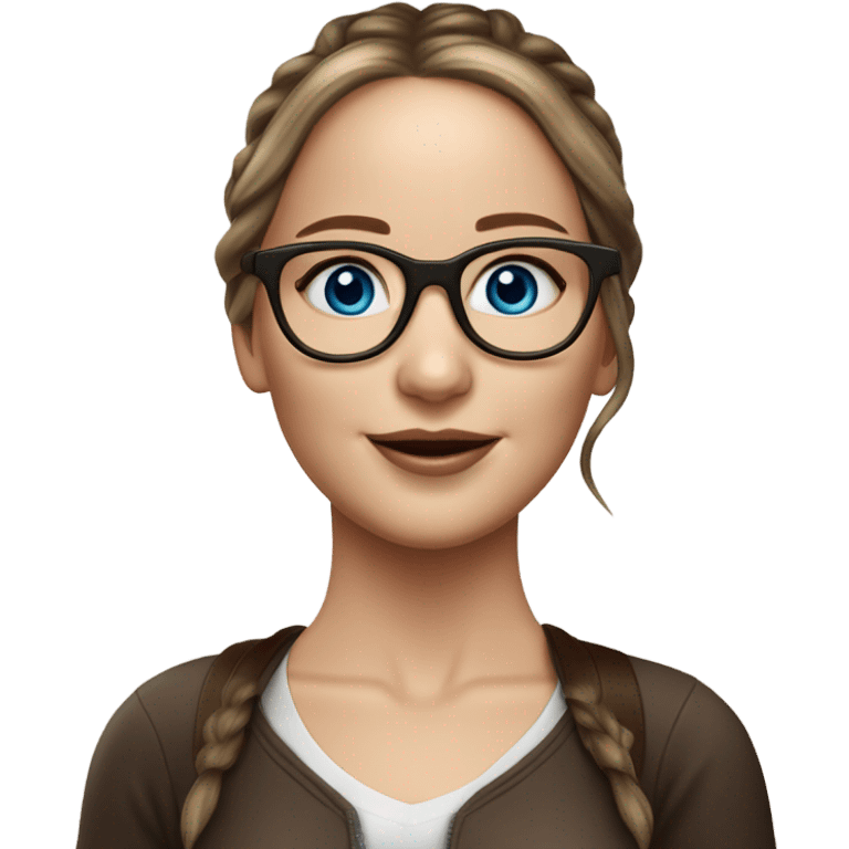 Hyper real Jennifer Lawrence with blue eyes glasses and chocolate hair in ponytail  emoji