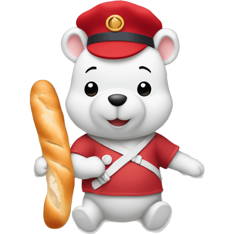 parisien style white pooh, with red beret on head and baguette in arms, and with eiffel tower in background emoji