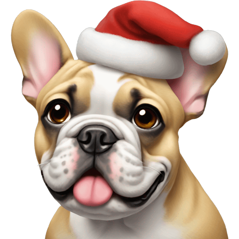 A French bulldog with a Christmas hat emoji