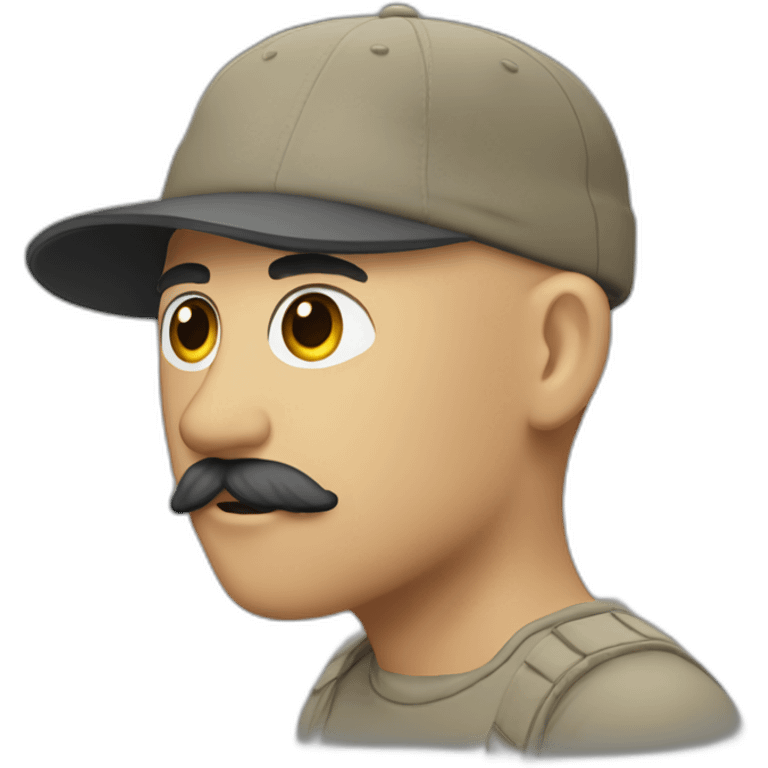 shaved head in five-panel cap with bristle and mustache emoji