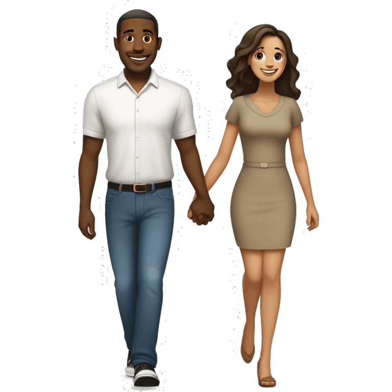 A black man  with medium short hair and a Latina woman with  long brown hair holding hands and walking side by side, smiling and enjoying their time together emoji