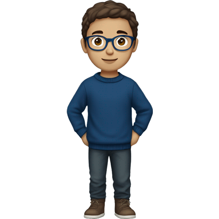 winter, christmas, young boy, short  brown hair, brown eyes, hispanic, dark blue sweater, full body, blue glasses emoji