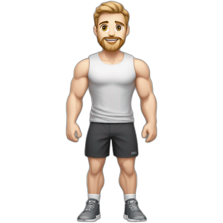 Full height Pale skinned fit man With biceps, Realistic eyes and mouth, light brown hair and stubble In dark gray sleeveless mike, black oversize sports shorts, watch and white sneakers. emoji