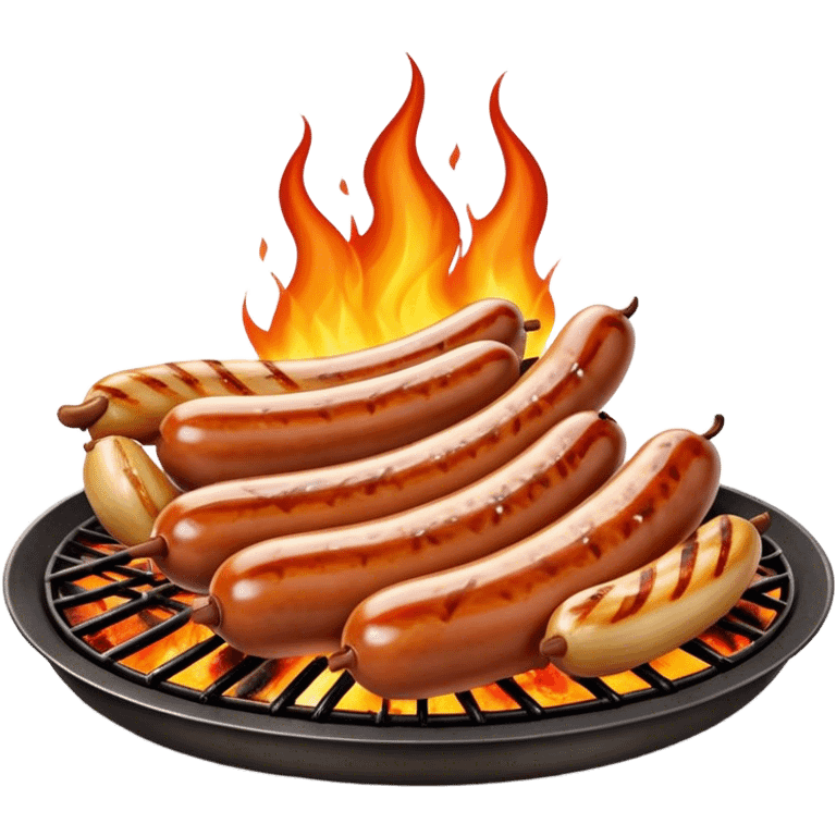 Cinematic Realistic Sausage Sizzle Dish Emoji, featuring sizzling sausages cooking over an open flame rendered with dynamic textures and warm, smoky lighting. emoji