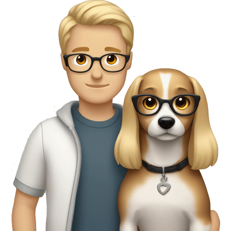 Blonde girl and her white boyfriend with brown hair and glasses cuddling a jack Russell  emoji