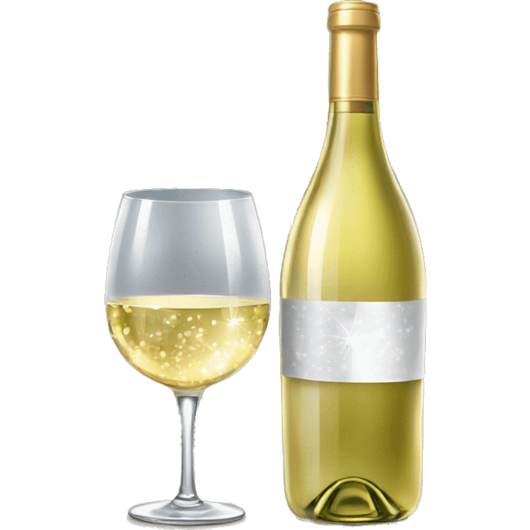 Realistic sparkling diamond glam bottle of Light white Wine and matching long stem wine glass. emoji