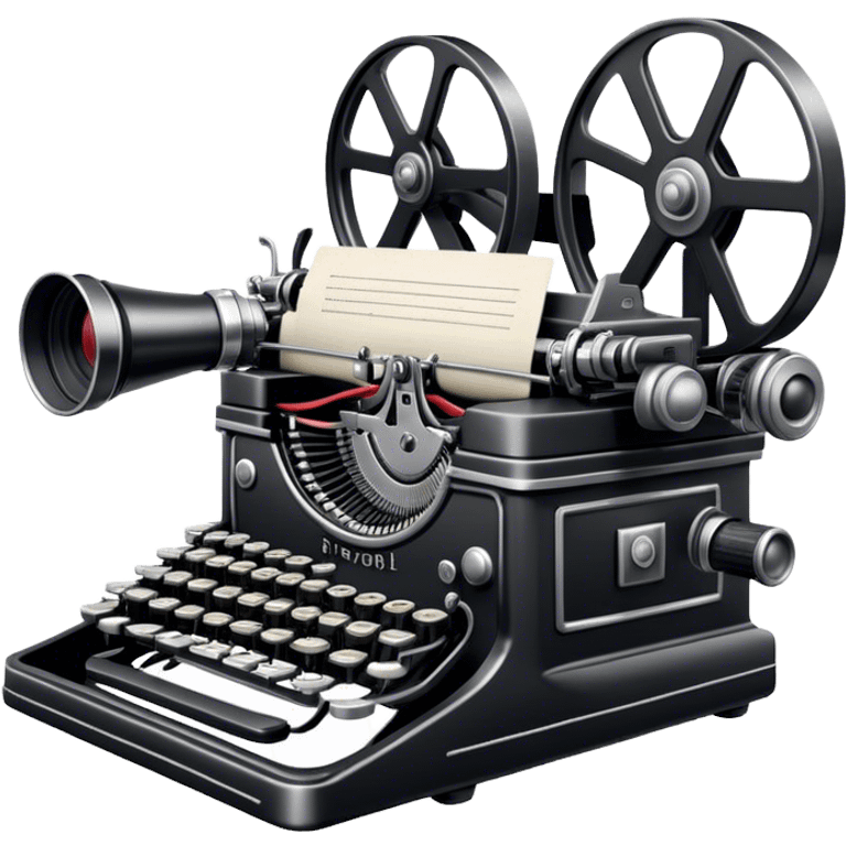 Create an emoji representing screenwriting. The design should feature an open script with visible dialogue and action lines, symbolizing the writing of a screenplay. Add a movie camera next to the script to emphasize the cinematic aspect of screenwriting. Include a classic typewriter to signify the process of creating a script. Use a professional color palette with black, white, and subtle metallic tones. Do not include any emojis or smiley faces. Make the background transparent. emoji