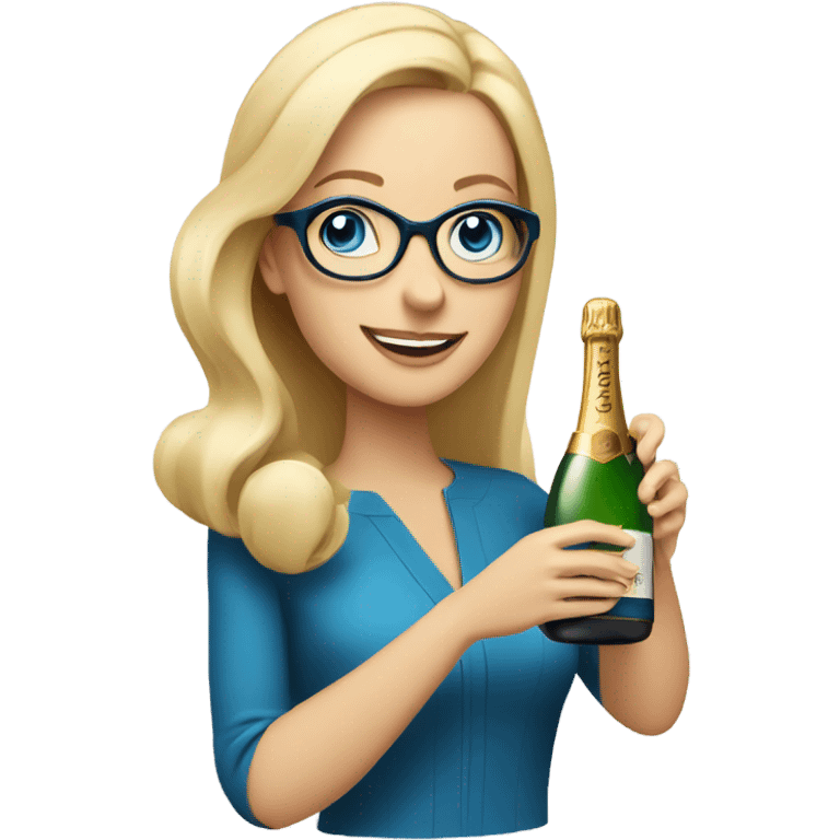 À blonde woman with blue eyes wearing glasses opening a bottle of champagne emoji