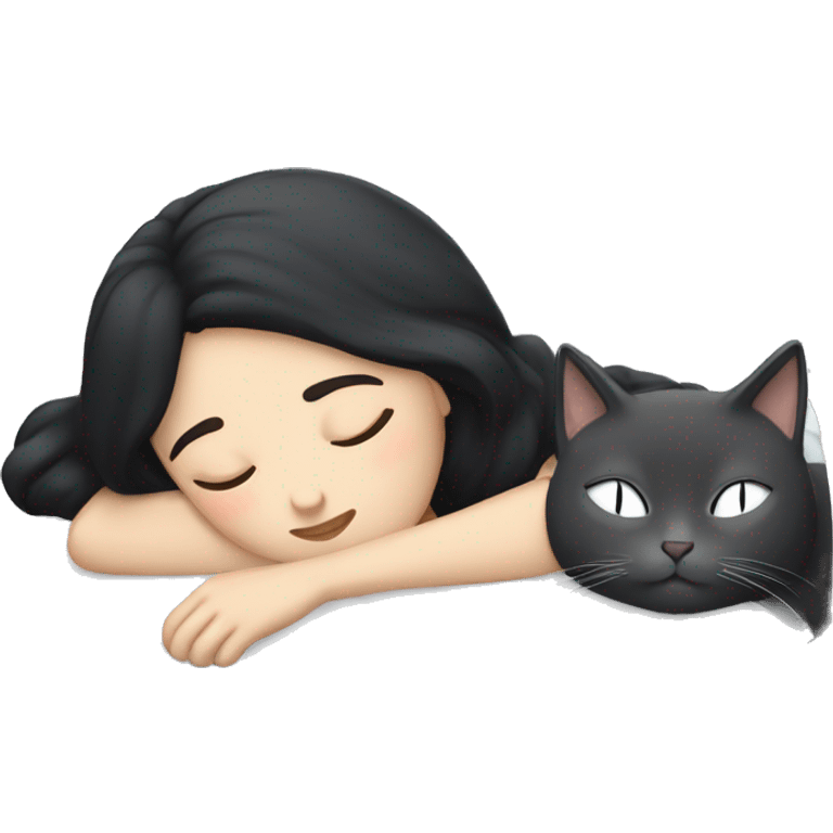 white girl with black hair sleeping with a gray cat emoji