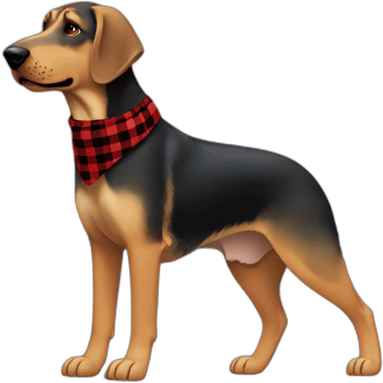 adult 75% Coonhound 25% German Shepherd mix dog with visible tail wearing small pointed red buffalo plaid bandana full body walking left quickly emoji