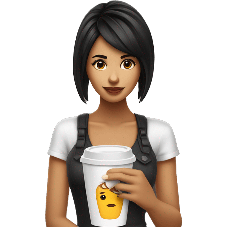 chica morena con flequillo negro tomándose un café  emoji