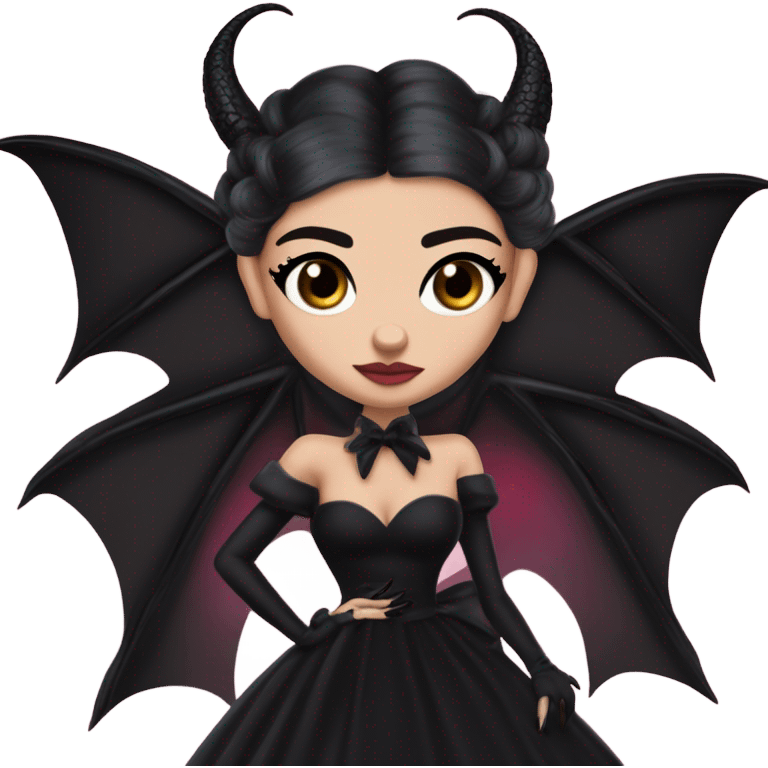 low cut back black evening gown with see-through gloves, Jenna Ortega as Addams woman prom queen wearing a mini tiara, very large blood  pink evil-looking horned old dragon companion emoji