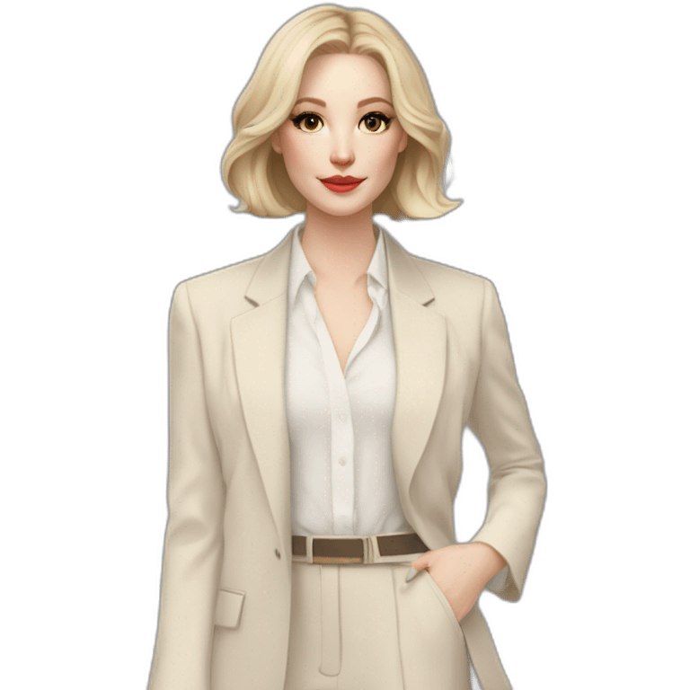 pale skin woman with ash blonde Straightened bob Hair, White Spacious classical jacket, beige palazzo Arrow pants and gray blouse holding a color palettes in the hands emoji