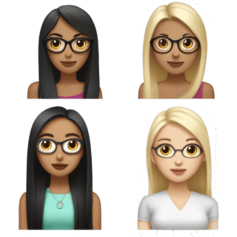 four girlfriends one with black straight hair with white skin arab, the second asian with black straight hair that shimmers into blond, the third asian with brown straight hair, the fourth russian with glasses with brown straight hair emoji