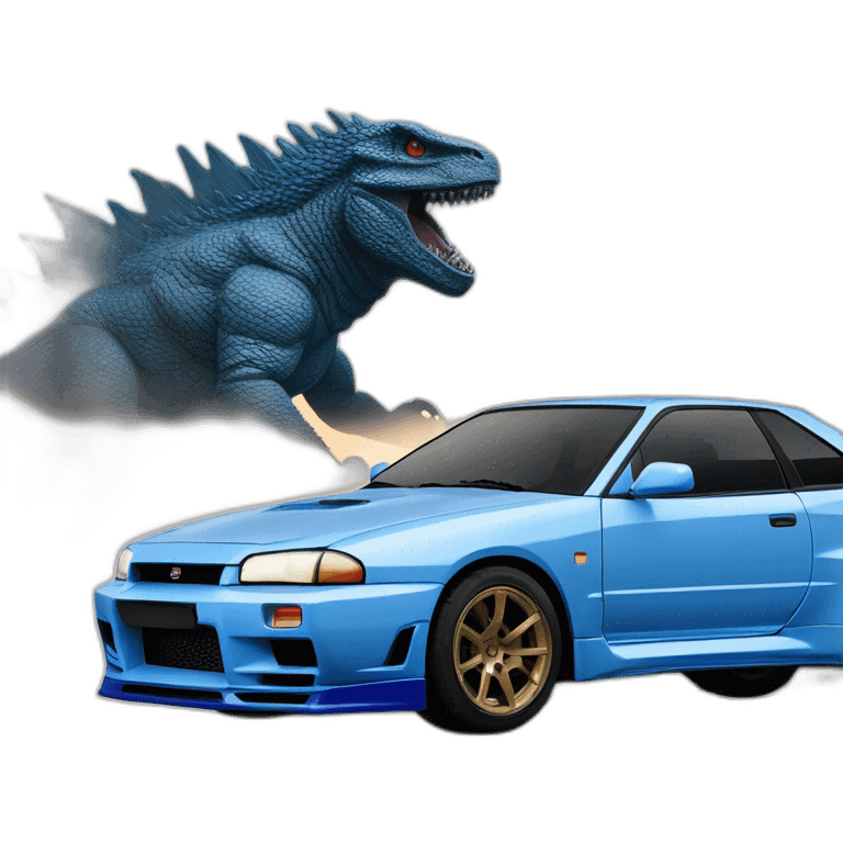 Godzilla bleu et une nissan skyline GTR R32 blanche emoji