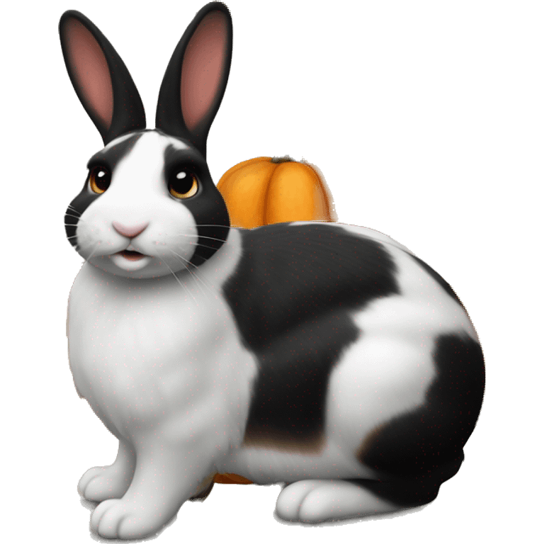 Dutch bunny with orange, black and white striped fur, sitting next to a realistic carved pumpkin  emoji