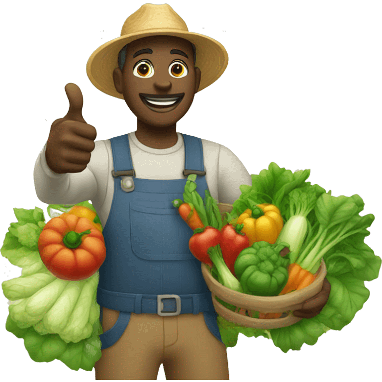 Black farmer picking up vegetables and welcoming with thumbs up emoji