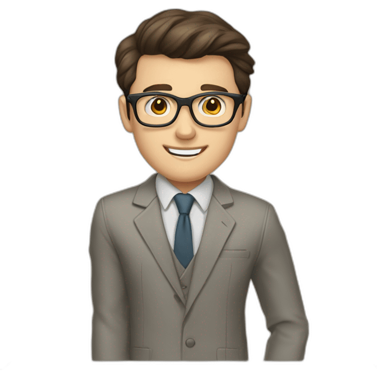 Pale skinned fit man with dark brown hair in gray jacket, beige office shirt, brown tie, brown pants and vintage glasses Writing on the marker board emoji