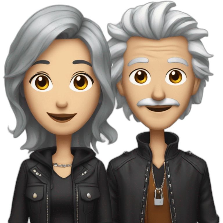 grey-haired fashionable woman, next to male punk with long brown hair and a mustache and a lip ring, smiling emoji