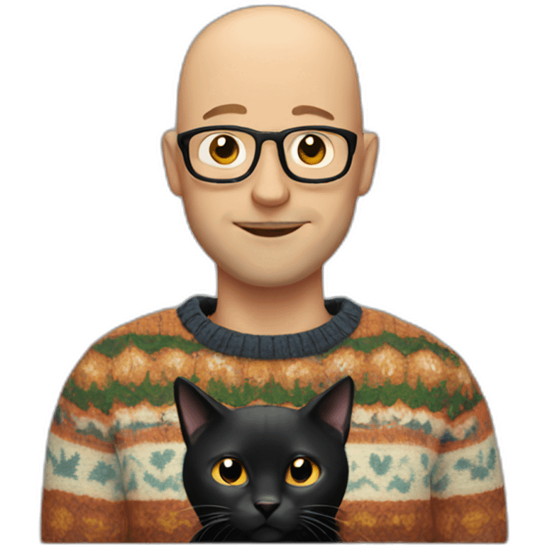 Bald man with funky sweater holding a black cat emoji