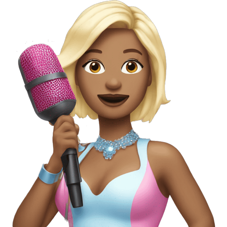 Blonde Singer wearing a pink and blue bodysuit and holding a microphone emoji