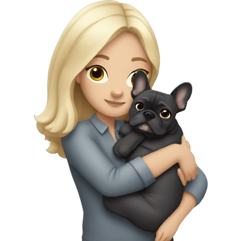 Blonde woman with dark hair hugging dark gray french bulldog emoji