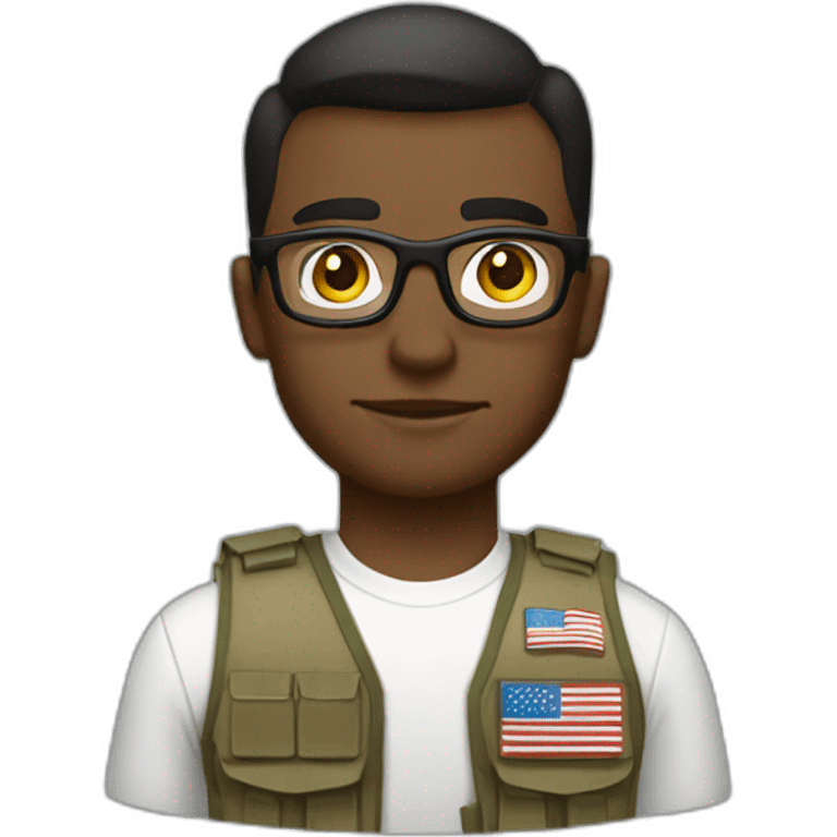 soldier with a part in hair, wearing glasses, a white dress shirt, bulletproof vest with an american flag emoji