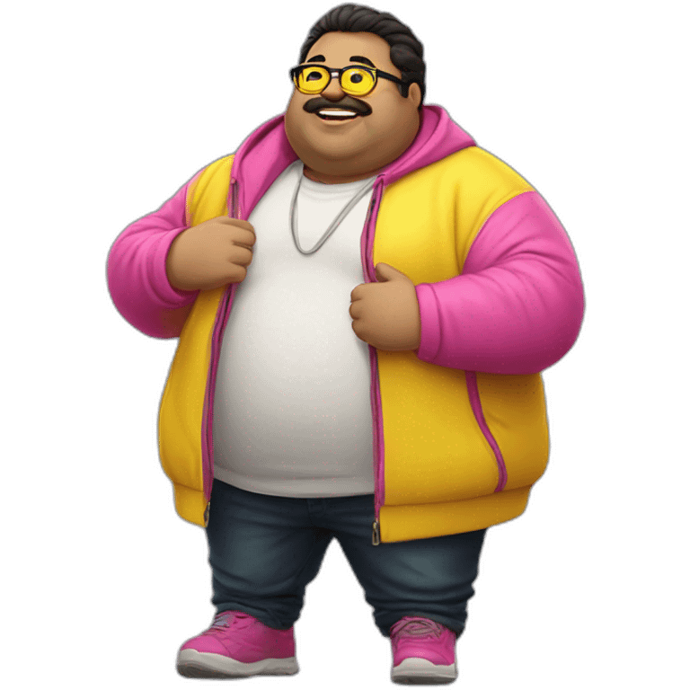 fat man with dark hair,a vibrant long yellow jacket, pink glasses. Show full lenght peson emoji