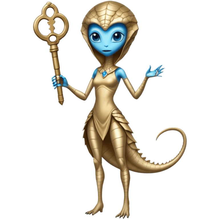 a reptilian alien woman full body, in gold dress, hold big key, blue eyes emoji