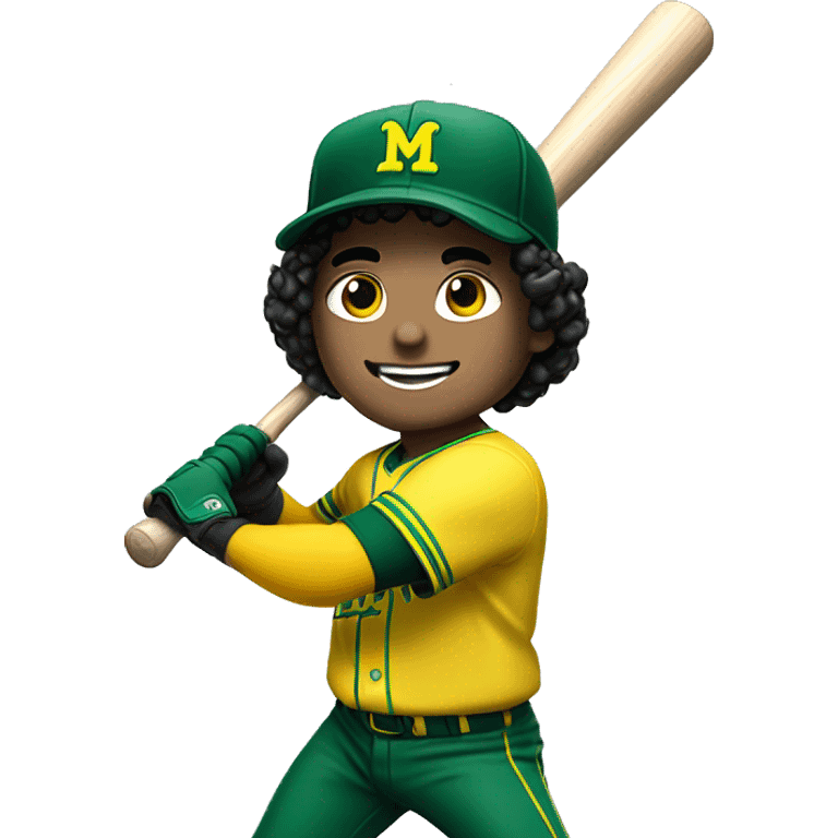 White boy with black curly hair swinging baseball bat with green and yellow uniform with an M in his hat emoji