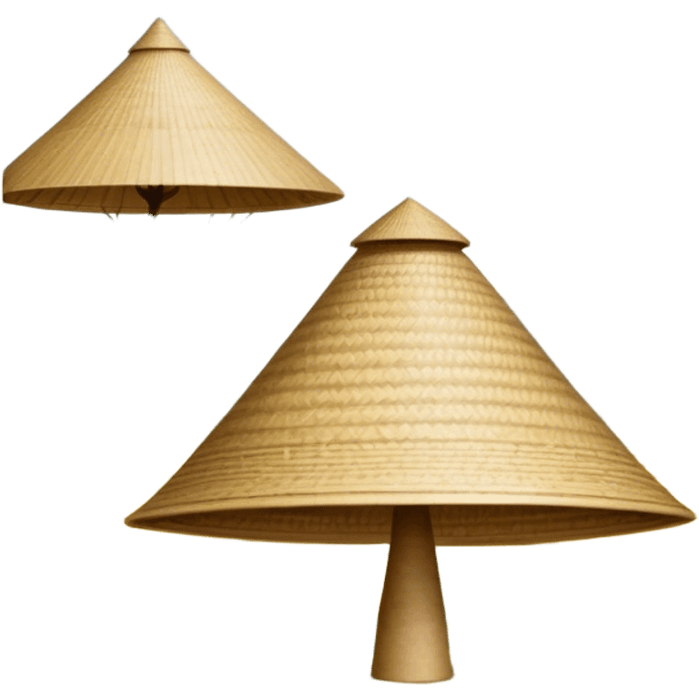 Cinematic Realistic image of an iconic conical hat (Nón Lá), rendered with detailed textures and subtle natural hues, set against a serene rural Vietnamese landscape with gentle, diffused lighting emoji