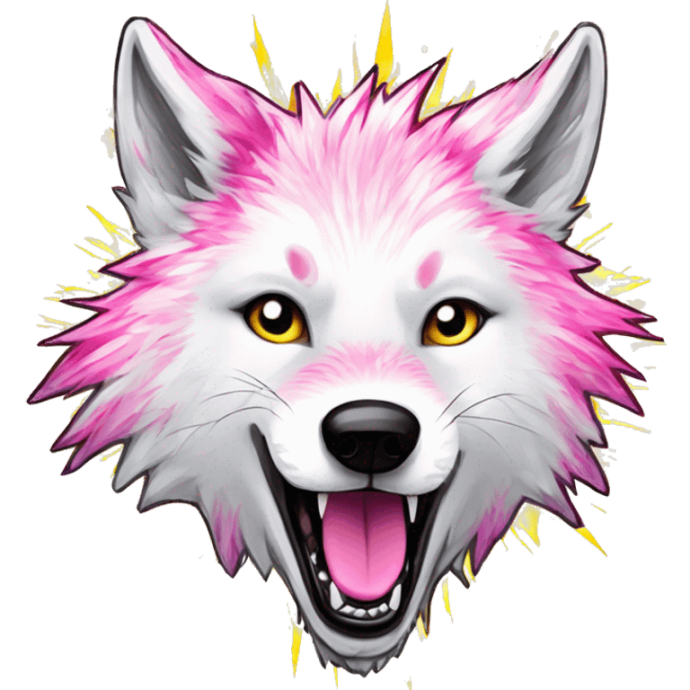 Sparkling crazy white aggressive wolf dancing snow mad big eyes illustration doodle high contrast lightning bolt halo sun beams white pink yellow red party sparkle glitter emoji