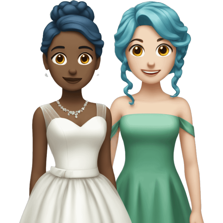 two girls, one girl in a green dress with blue hair. another girl with brown hair in a wedding dress emoji