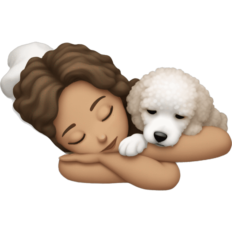 White girl brown hair sleeping with Mini Bichon emoji