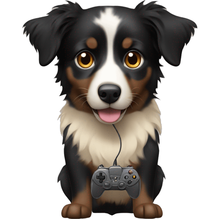 Small black australian shepherd dog with beige video game controller  emoji