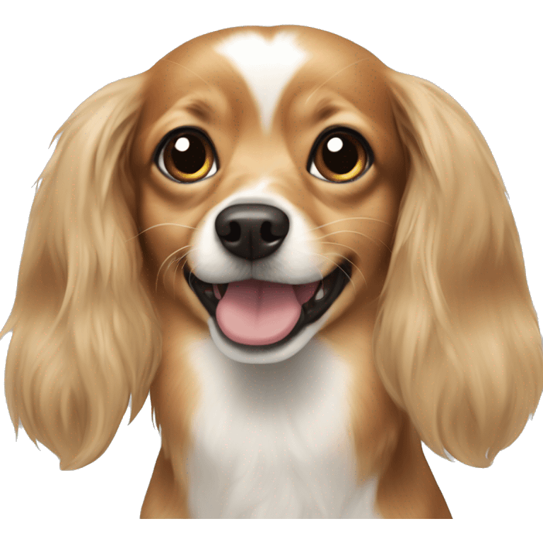 A dog that is a mix between a long haired chihuahua and a dachshund emoji