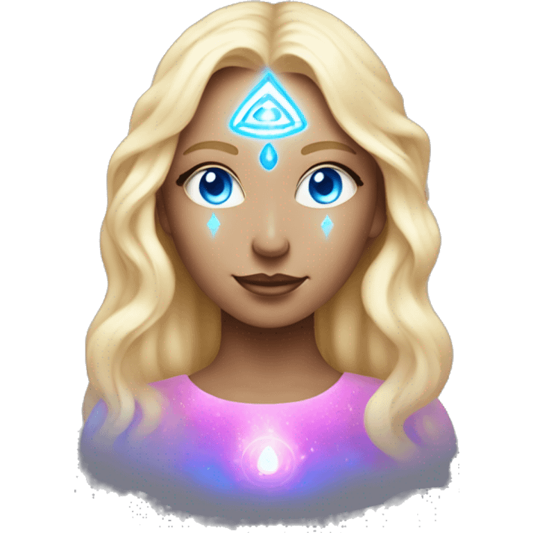 magical diva with thin pink andromedan face long blonde hair and blue eyes glowing third eye emoji