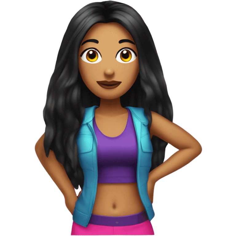 Tanned woman with long black hair dressed in Y2K pop hair, makeup, and neon attire emoji