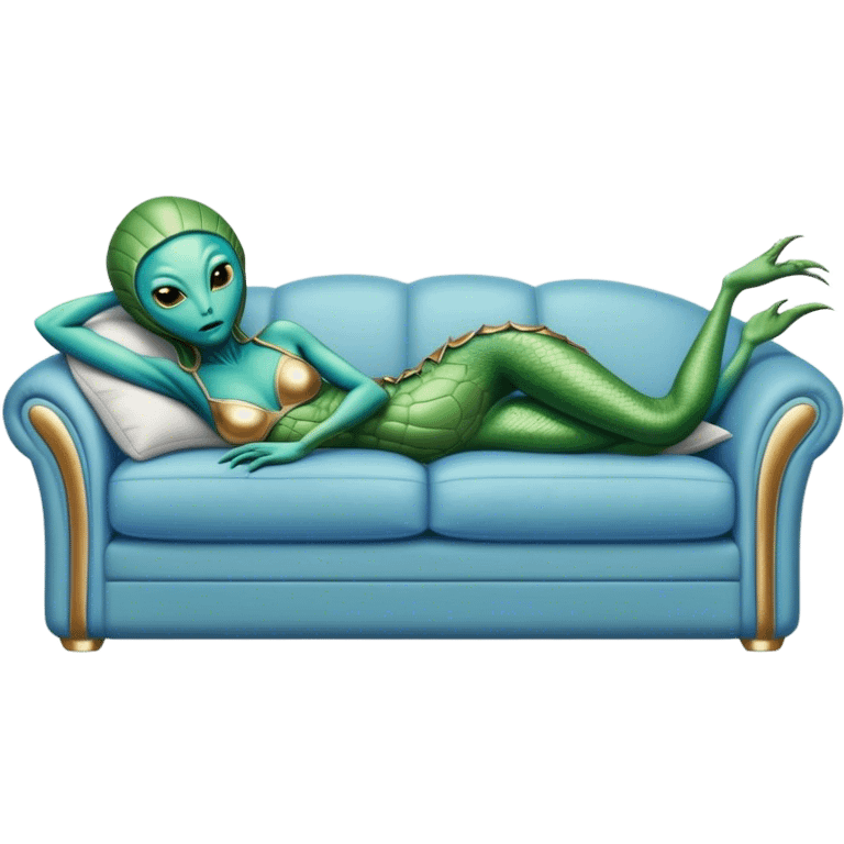 a reptilian green alien woman, in blue gold silver , lie on couch comfy, full figure emoji