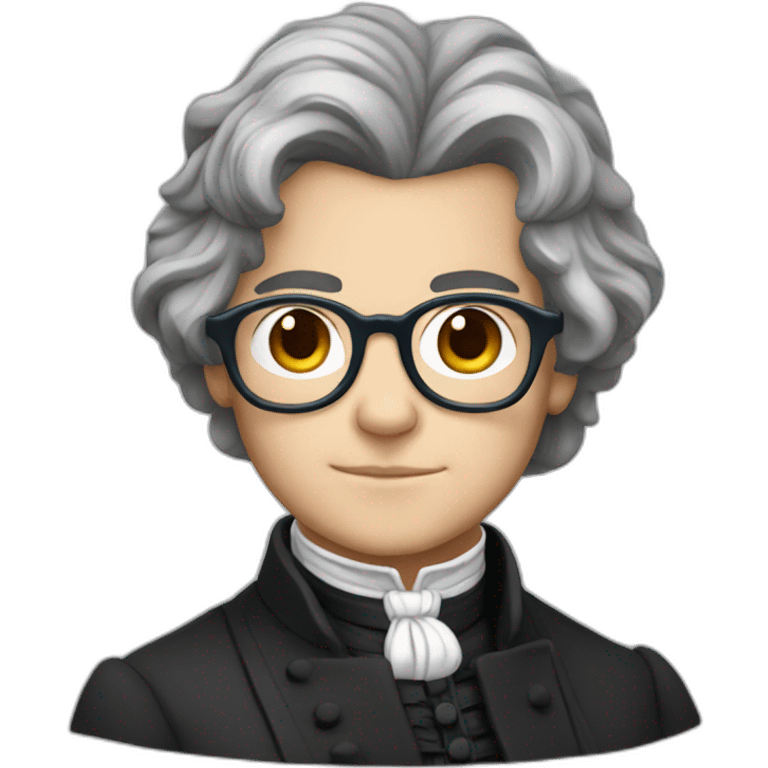 closeup of a young beethoven with blue glasses, brown eyes and gray hair emoji