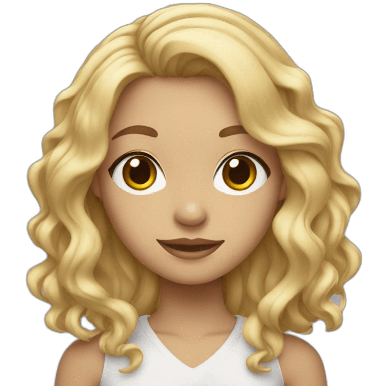 blonde girl with shoulder length wavy hair and grey eyes holding peace sign emoji