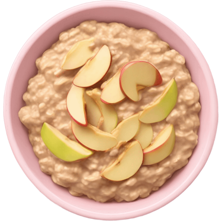 A light pink bowl with oatmeal and aesthetic apple slices spread along one side and peanut butter drizzled on the top emoji